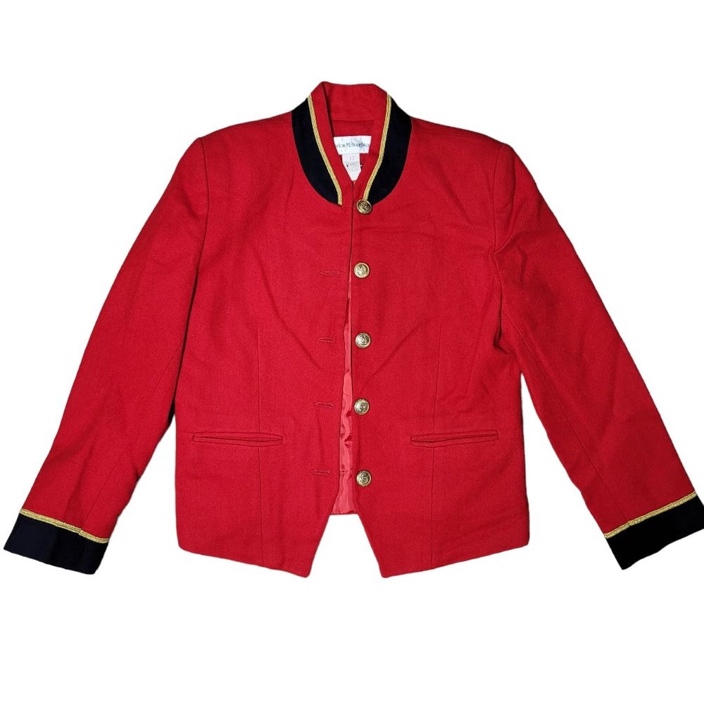Norton Mcnaughton wool bell hop blazer size 14 red with black trim gold buttons